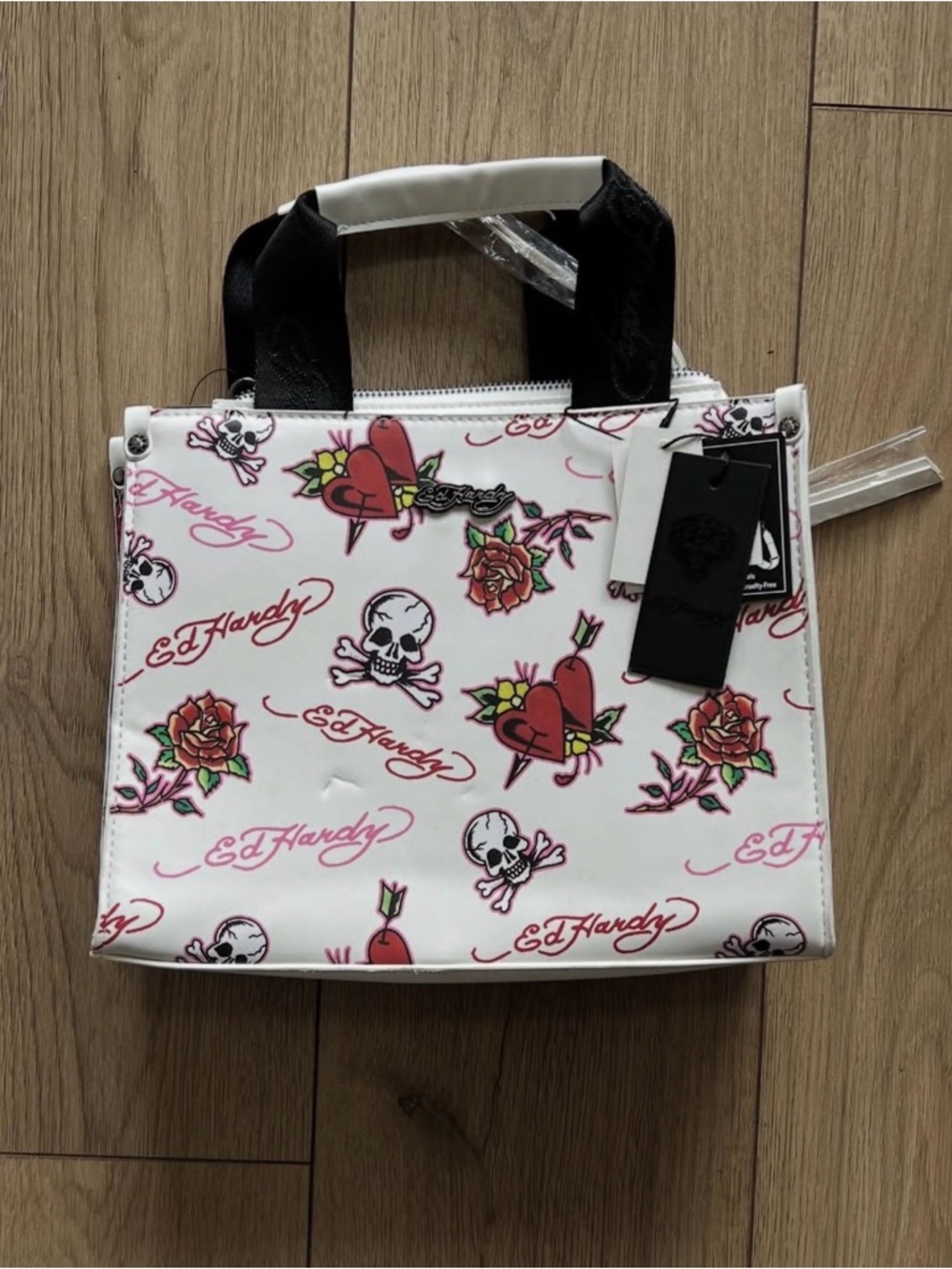 NWT Ed Hardy White Tattoo Print Mini Tote Bag - Y2K Skull & Roses Crossbody